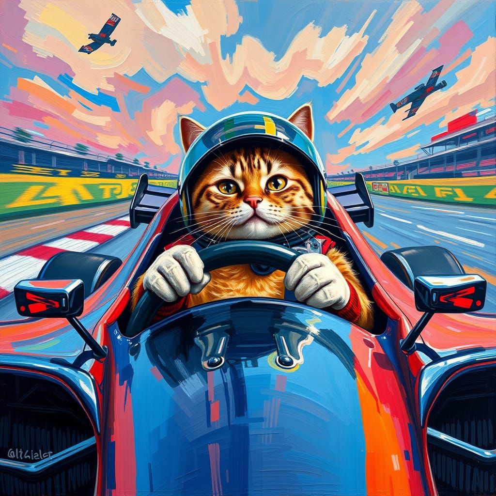 Feline Formula 1 Driver in Vibrant Neo-Expressionist Style
