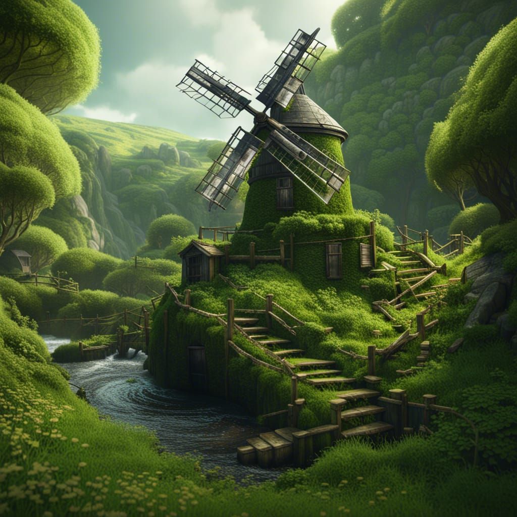 Moss-Covered Windmill in Rolling Green Hills