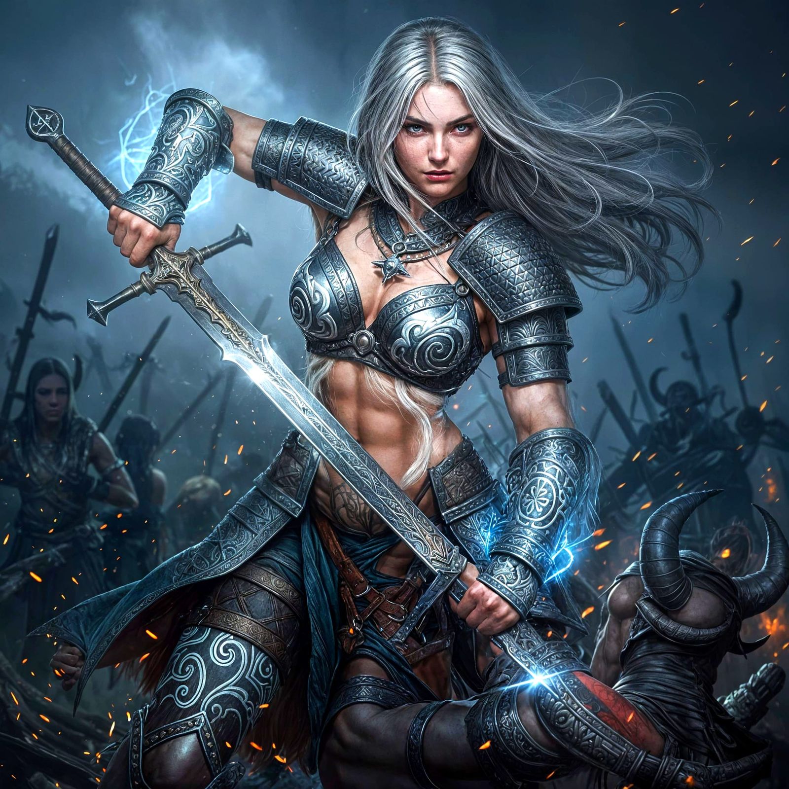 Female Warrior Slaying Demon with Greatsword