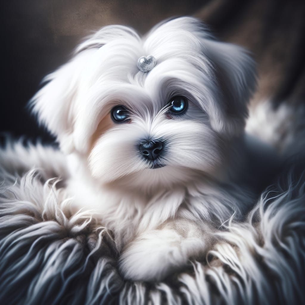 Maltese Puppy with Blue Eye on Fluffy Blanket
