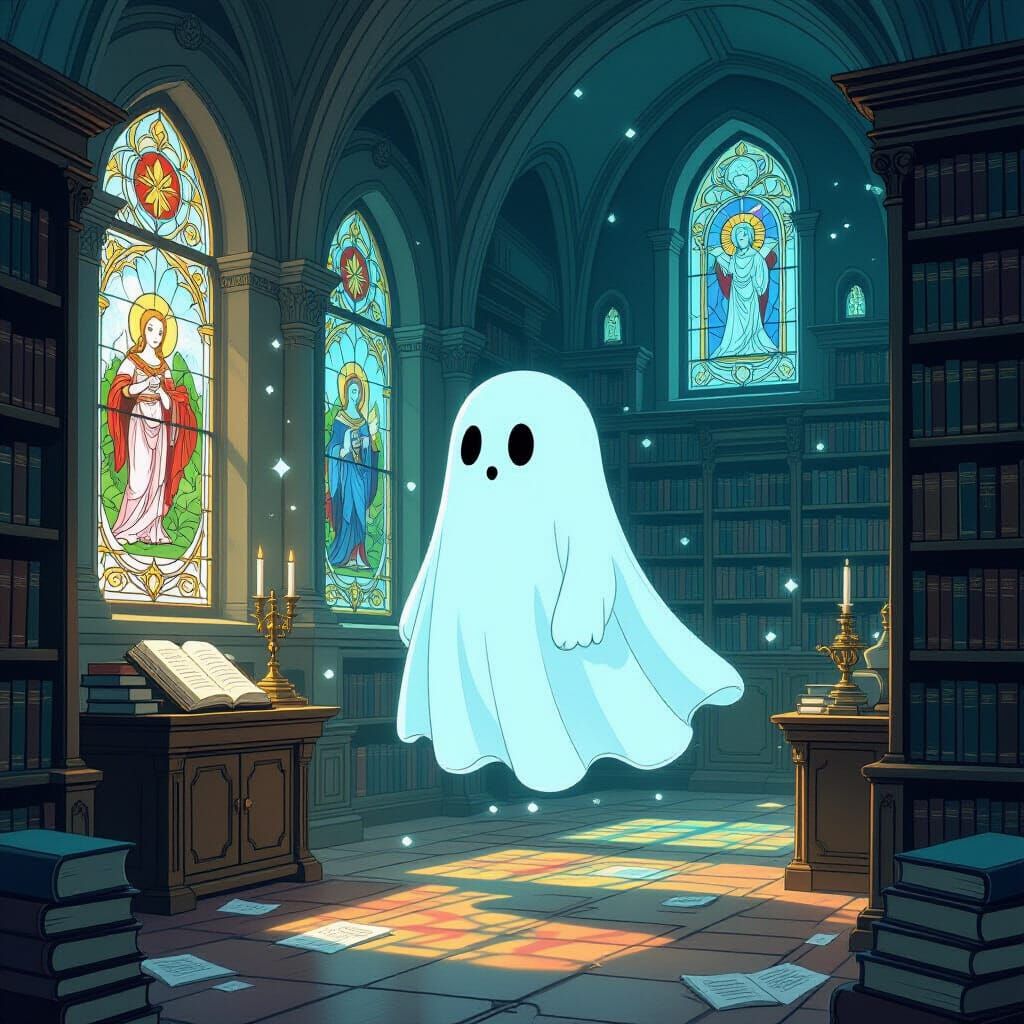 Ghost in Forgotten Library with Glowing Tomes