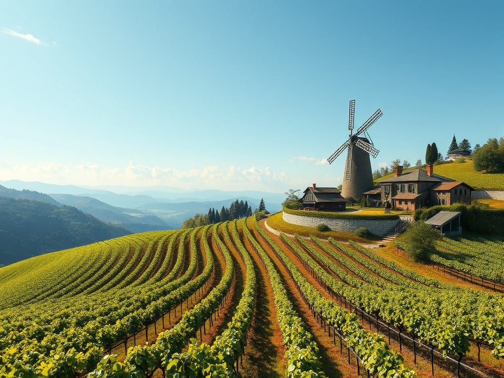 Surreal Vineyard Landscape with Epic Windmill and Farm Build...