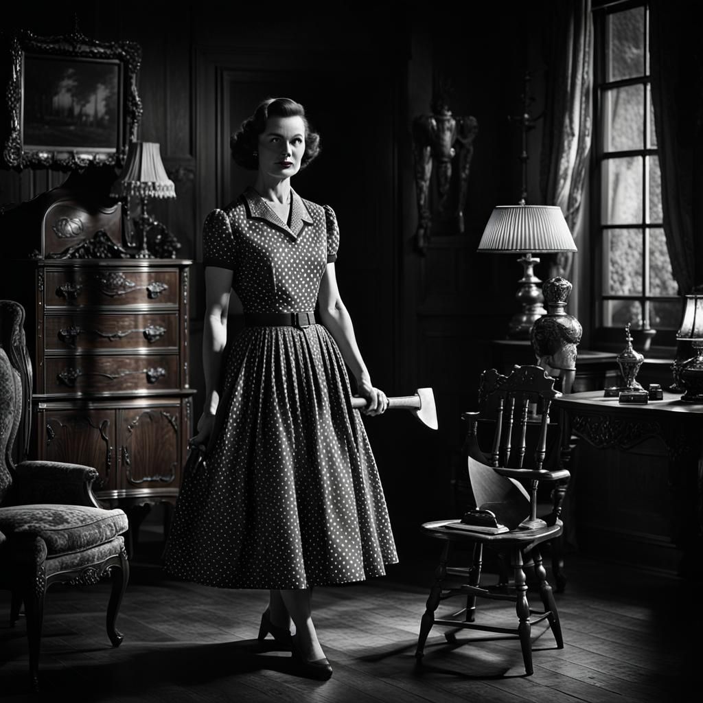 Elegant Woman with Axe in Still Life Scene