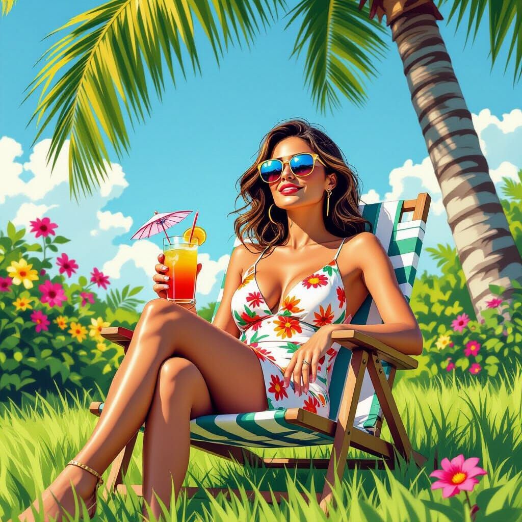 Woman Relaxing with Cocktail in Comic Book Style