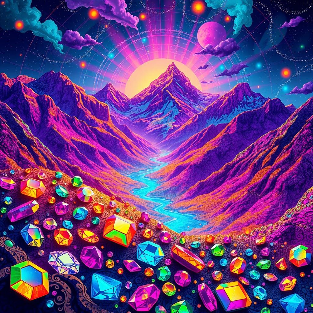 Vibrant Iridescent Jewels in Kaleidoscopic Mountain Landscap...