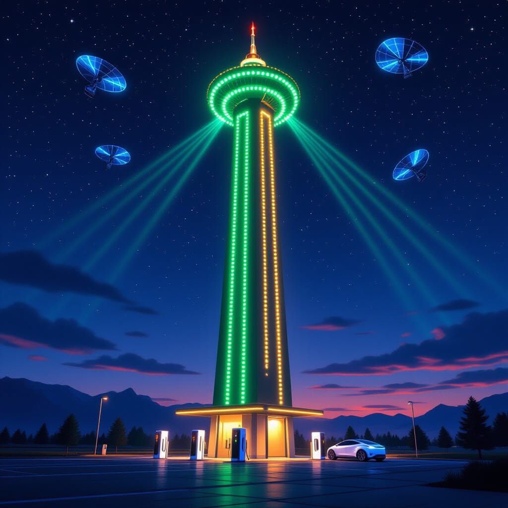 Futuristic Tesla Energy Tower Under Starry Sky