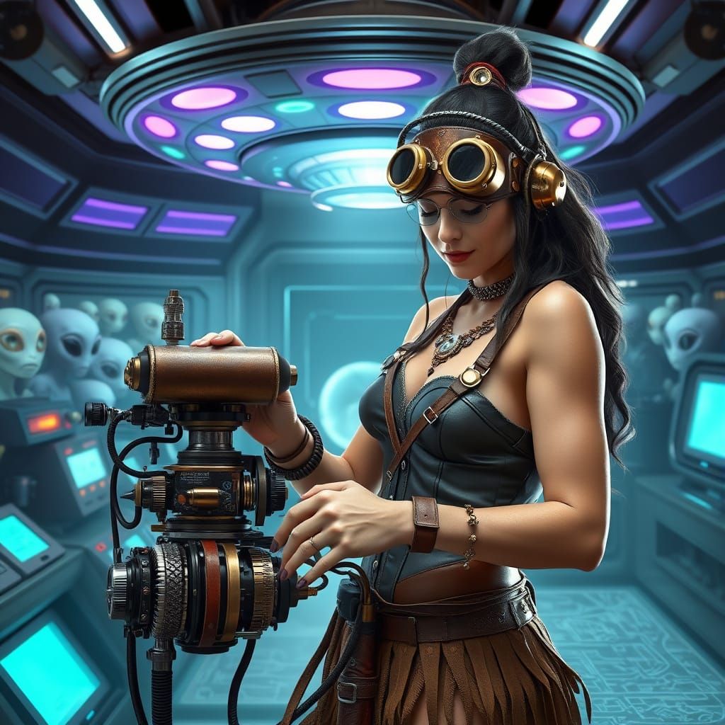 Steampunk Cavewoman Tinkers with Futuristic Invention in Hig...