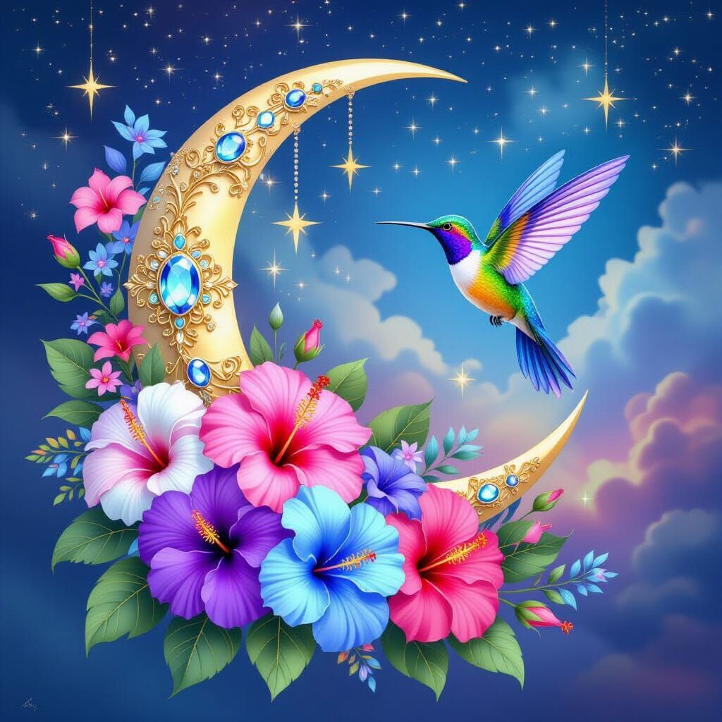 Fantastical Crescent Moon with Hummingbird and Hibiscus