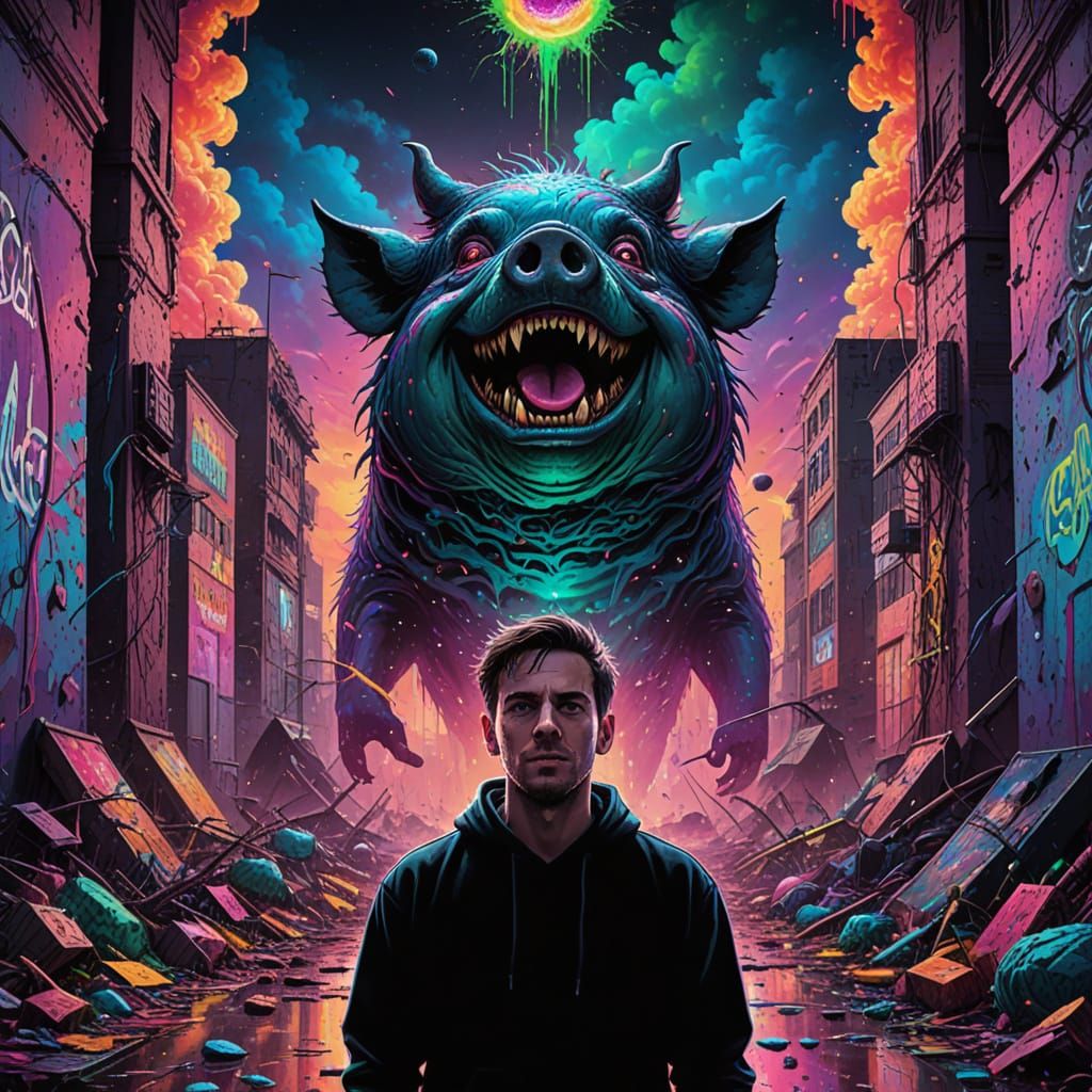 Epic Psychedelic Monster Pig in a Neon Acid Wonderland