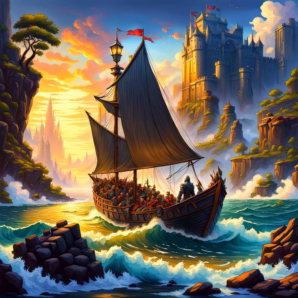 Knight Guards Castle Gate in Epic Fantasy Landscape