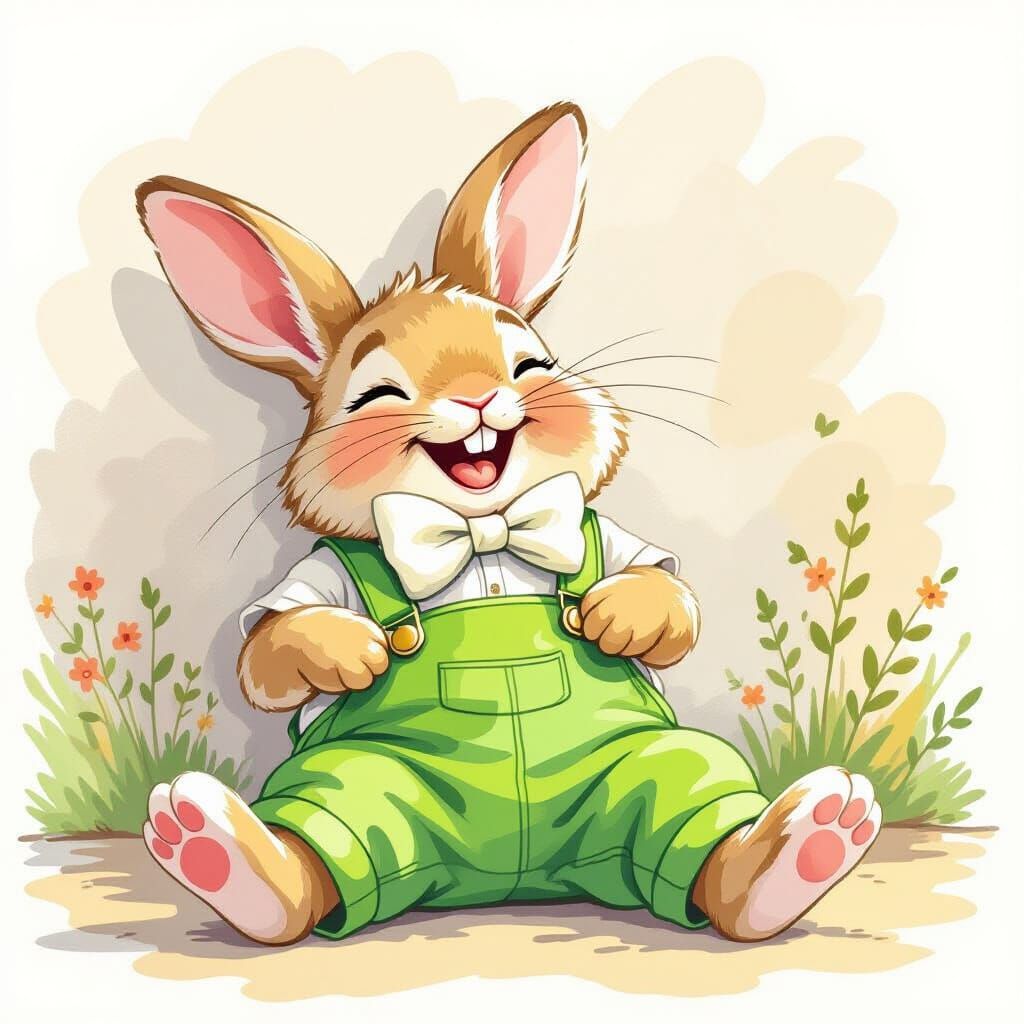 Laughing Bunny in Overalls, Whimsical Watercolor