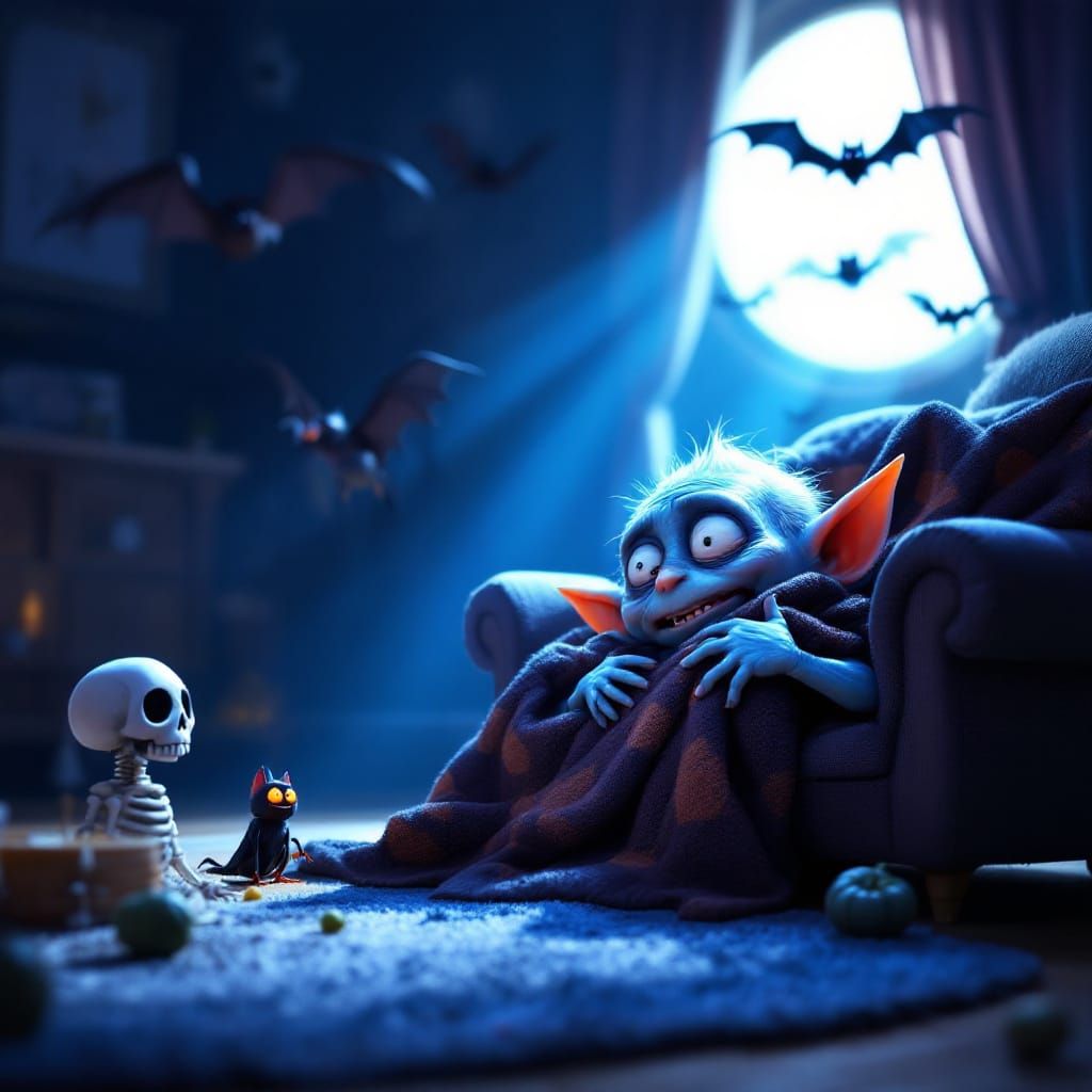 Pixar Style Goblin Scared in Haunted House