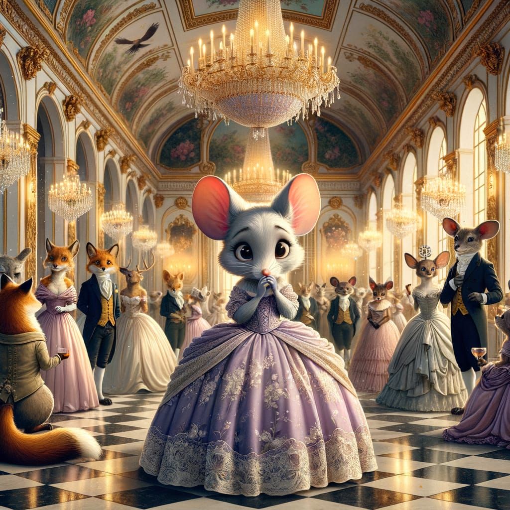 Mouse Enters Grand Ballroom in Hyper-Realistic Style