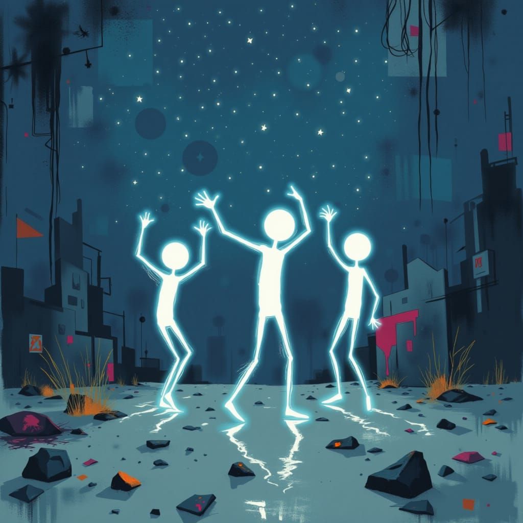 Dancing Aliens in Vibrant Cosmic Scene