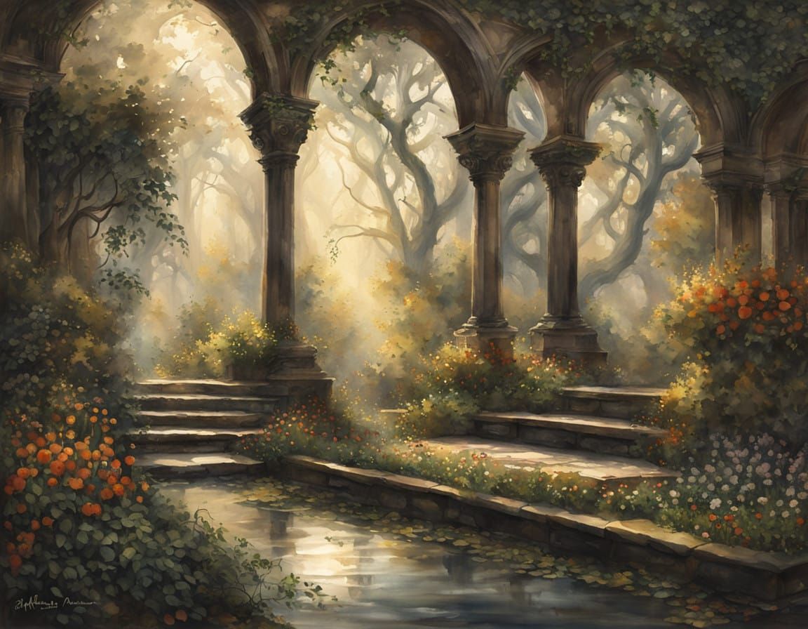 Mystical Woodland Watercolor Painting in European Print Art...