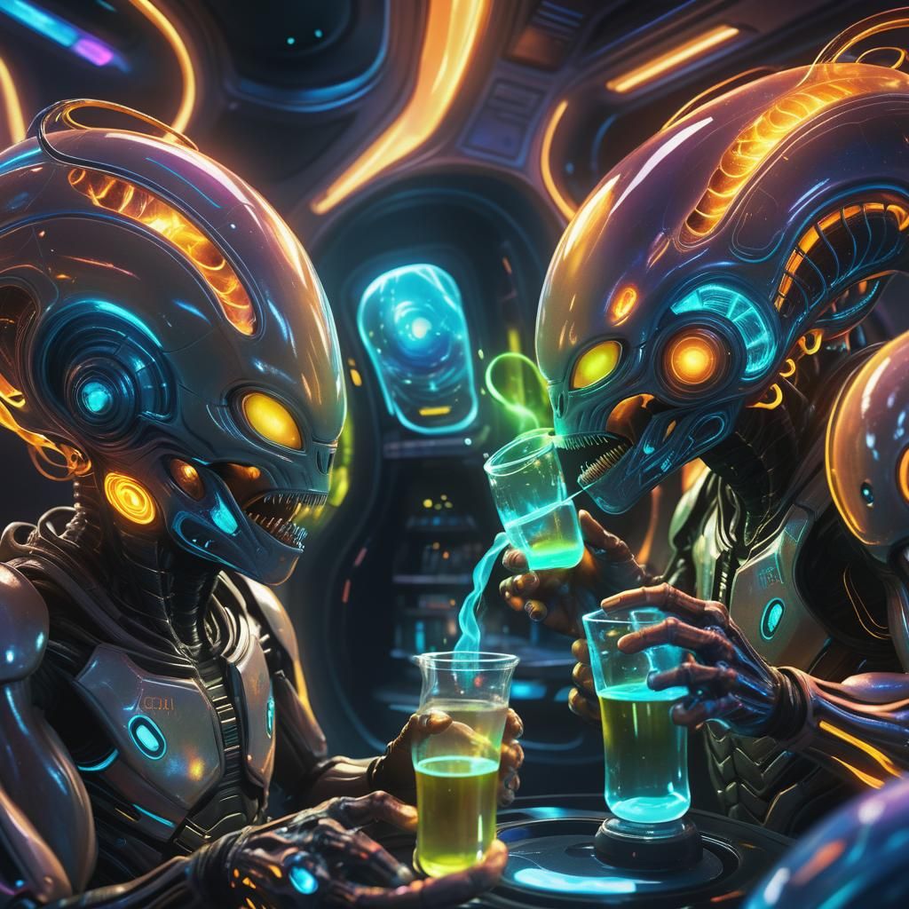 Neon Aliens Sipping Plasma in Space Capsule