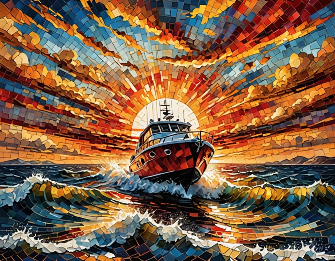 Modern Speedboat at Sea: Oil, Watercolour, Ink Painting