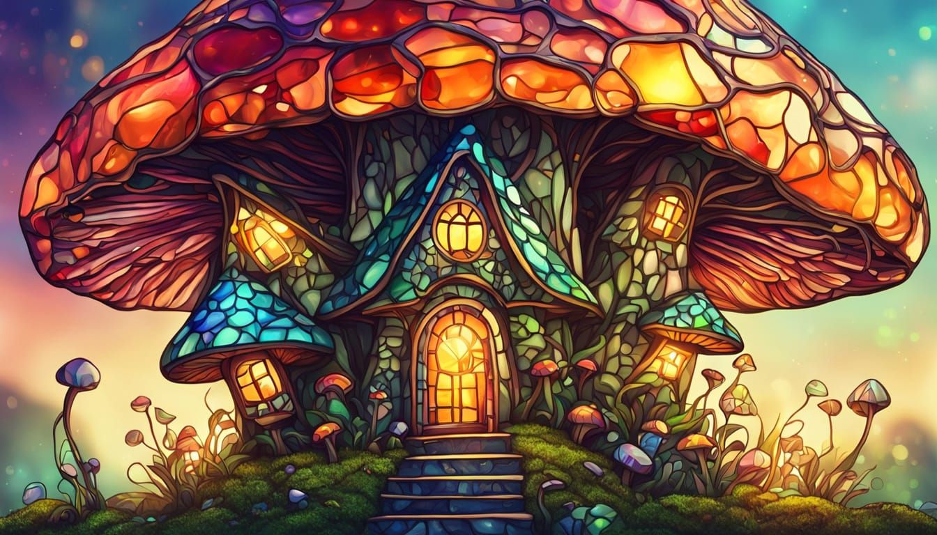 Magic Mushroom House in Stained Glass Style