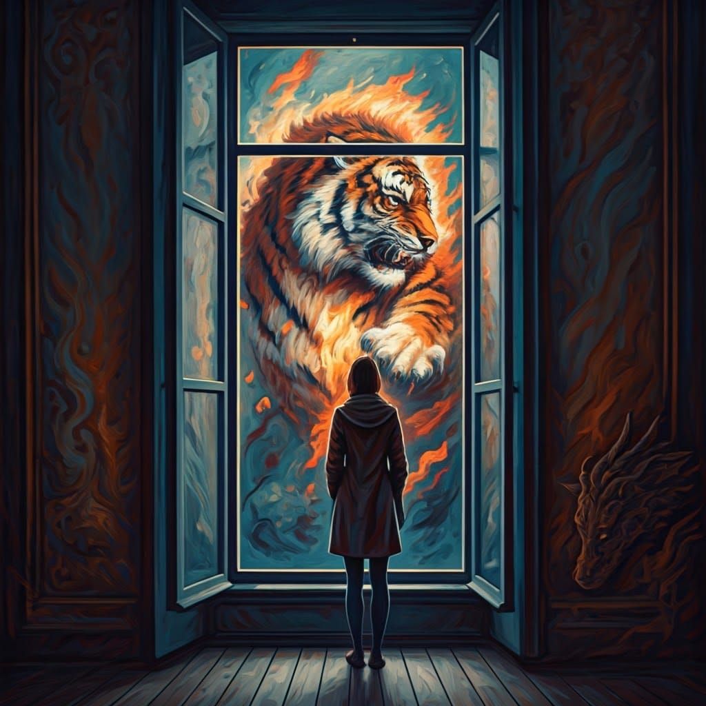Mystical Tiger Battles Fiery Dragon at Window