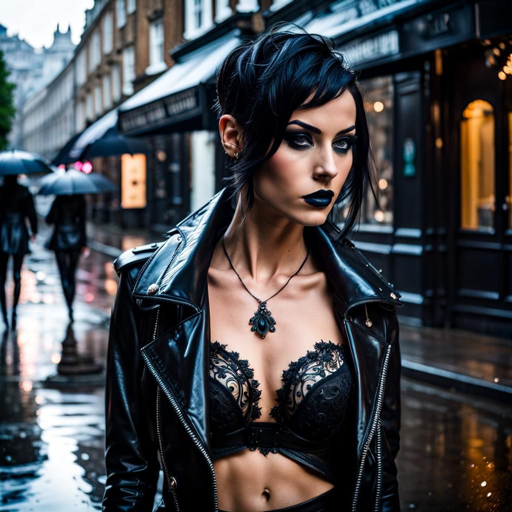 Gothic Pixie Girl in Rainy London Street