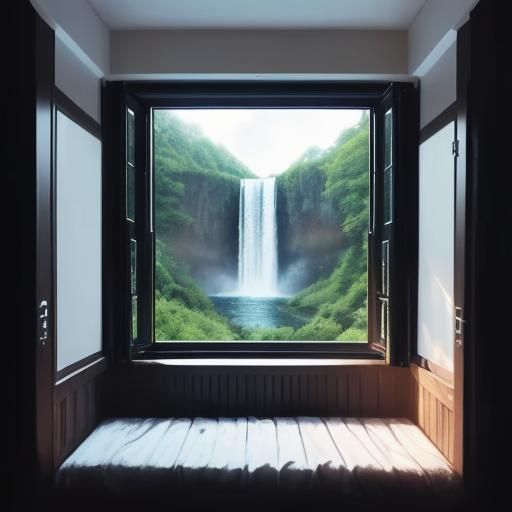 Colorful Waterfall View Through Window at Night