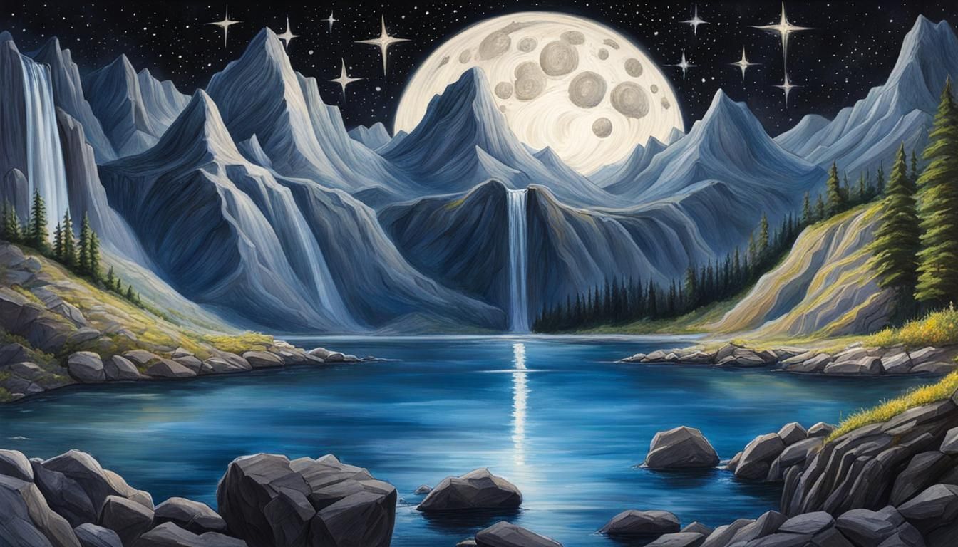 Limestone Mountain with Waterfalls Under Starry Sky as Carto...