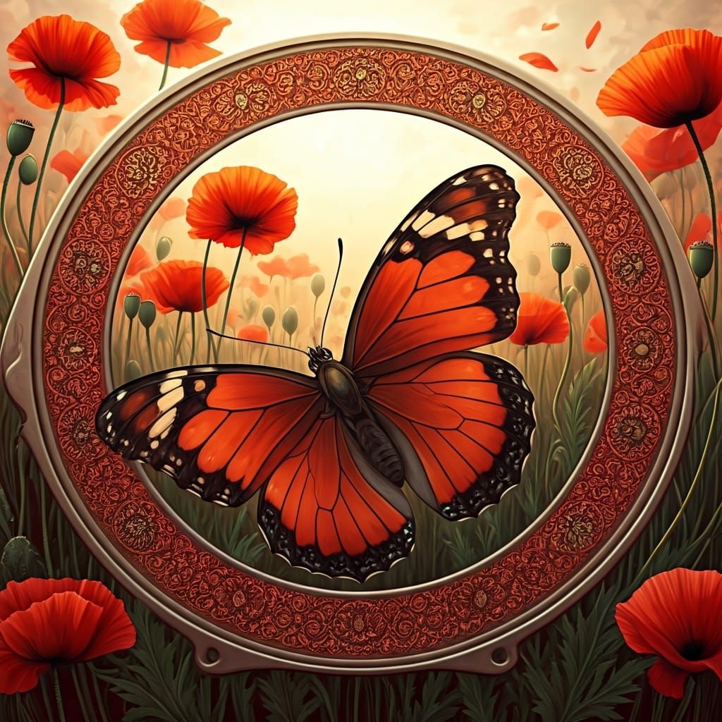 Butterfly Among Poppies in Art Nouveau Style