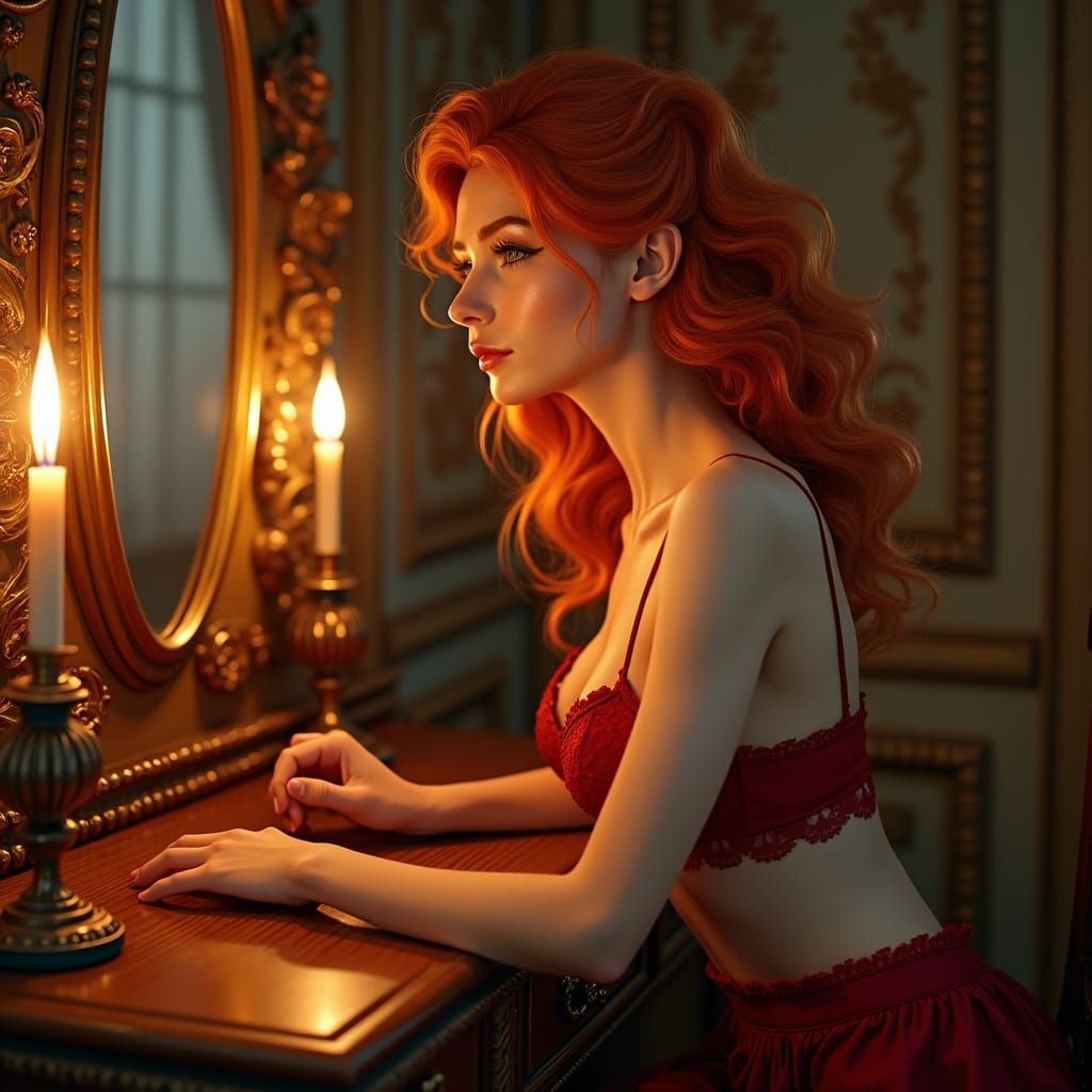 Aphrodite in Crimson Bra at Vanity, Baroque Fantasy