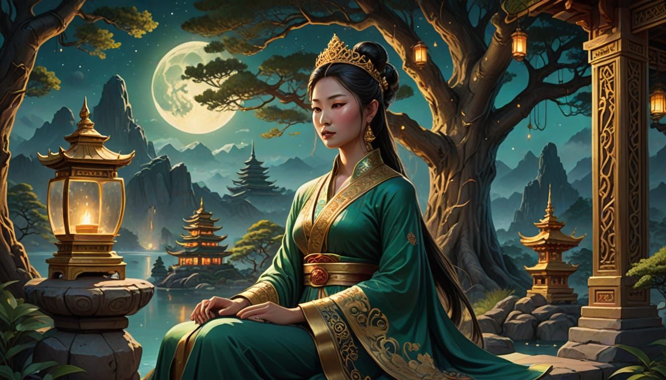 Asian Princess in Luxurious Jade Throne Scene, Oil Painting ...