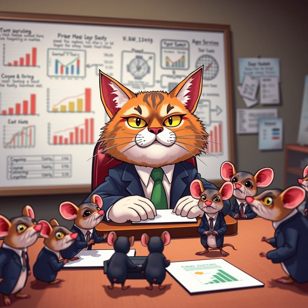 Cat CEO Holds Meeting with Mice: Cartoon Style