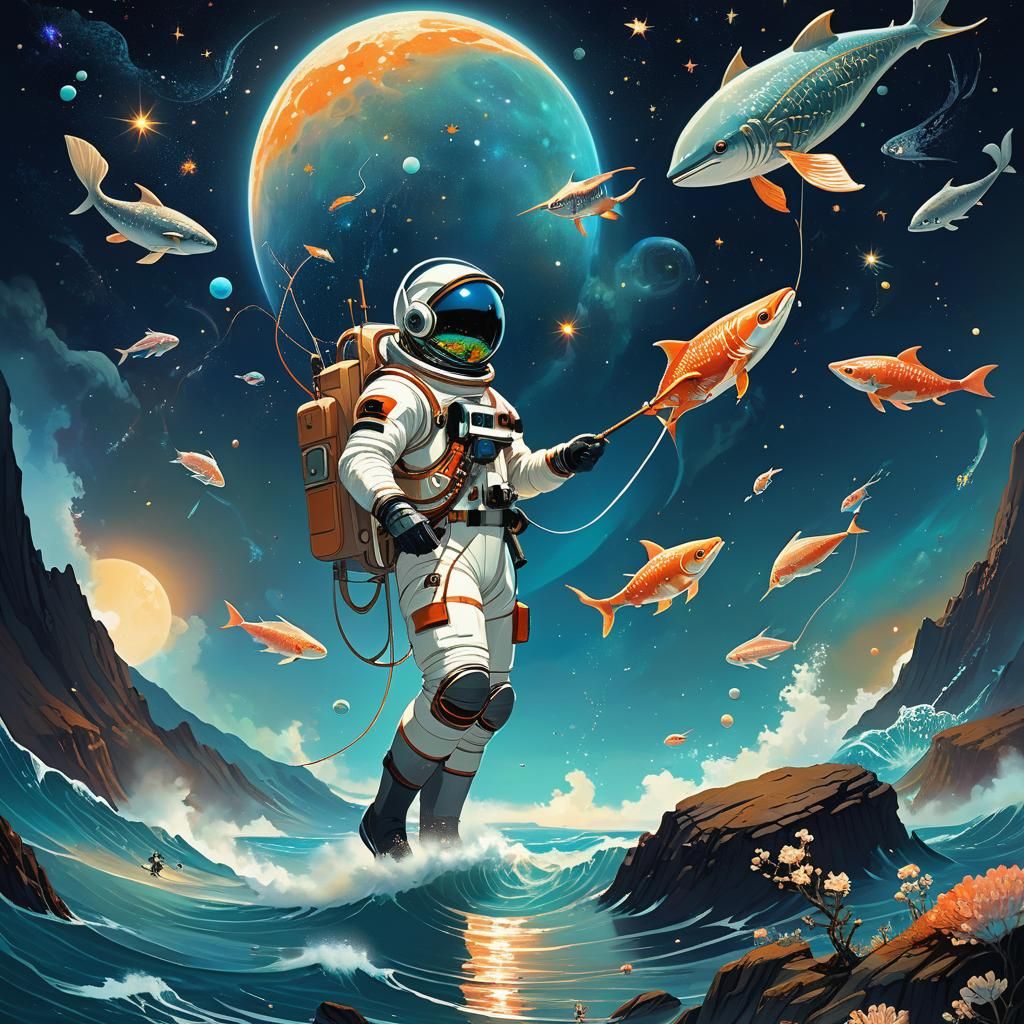 Astronaut Fishing on Moon Beach with Space Whales