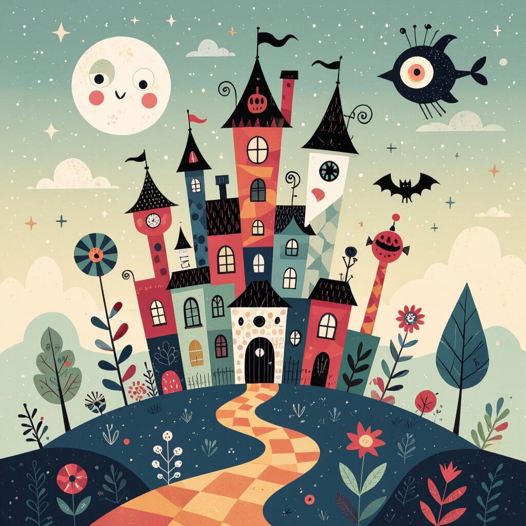 Geometric World in Tim Burton Style with Whimsical Elements