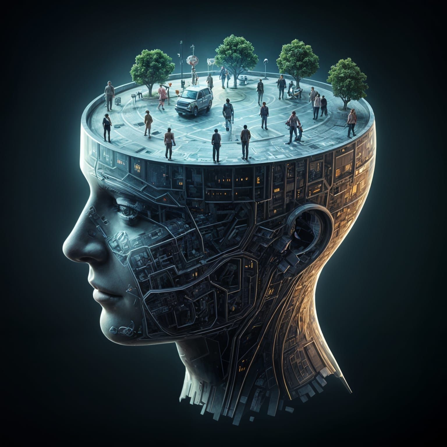 Hyperrealistic 3D Model of Society Inside a Head