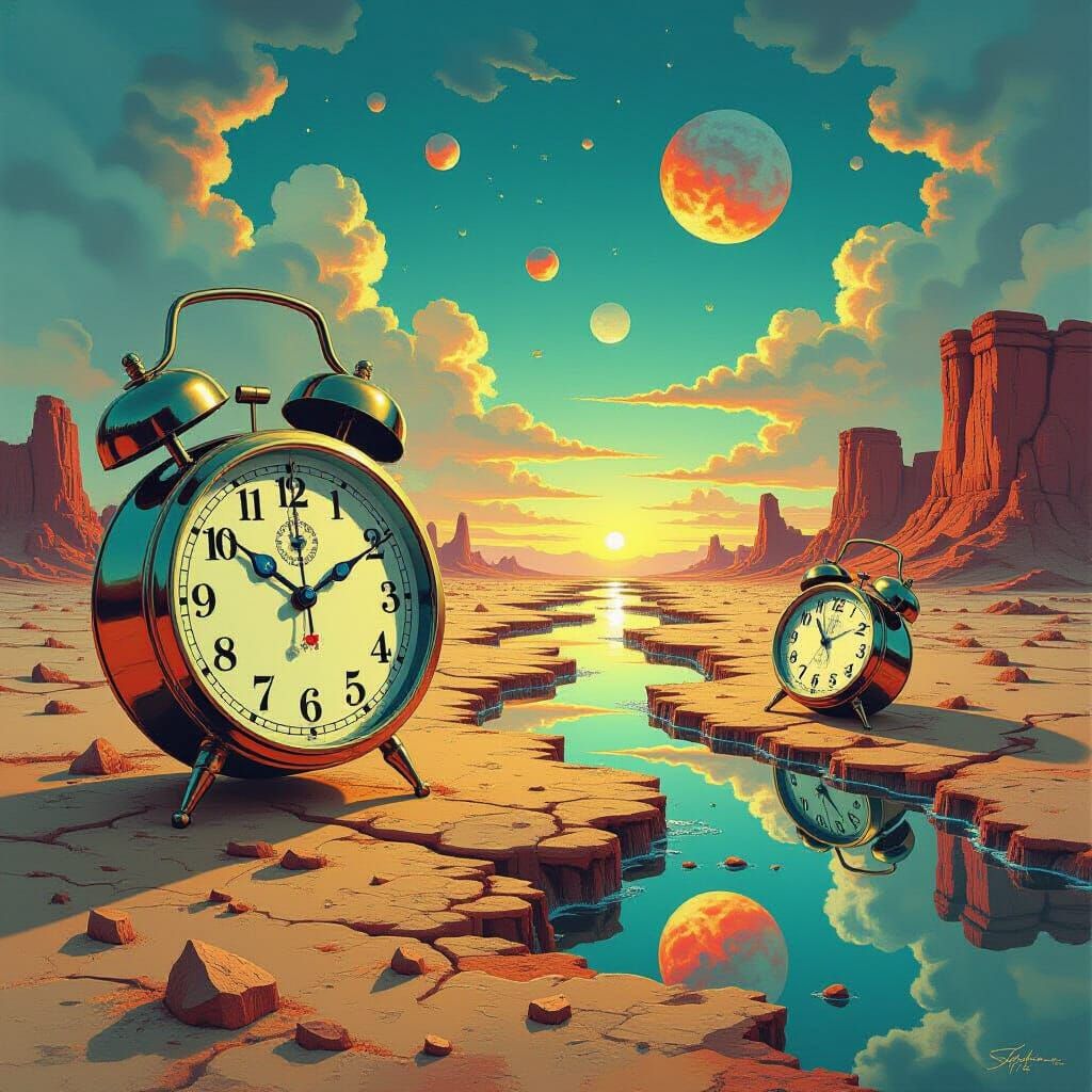 Surreal Landscape with Melting Clocks in Detailed Realism
