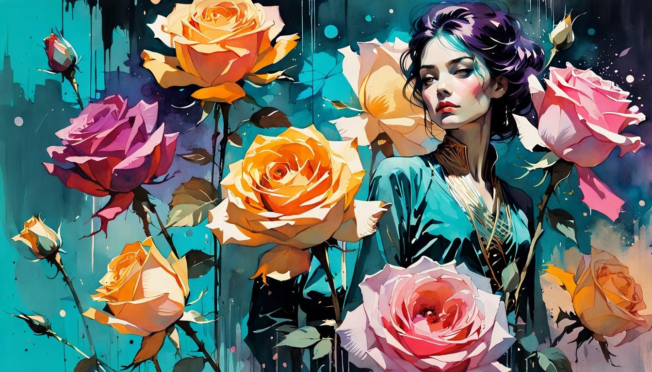 Crystalline Roses at Night in Digital Watercolor