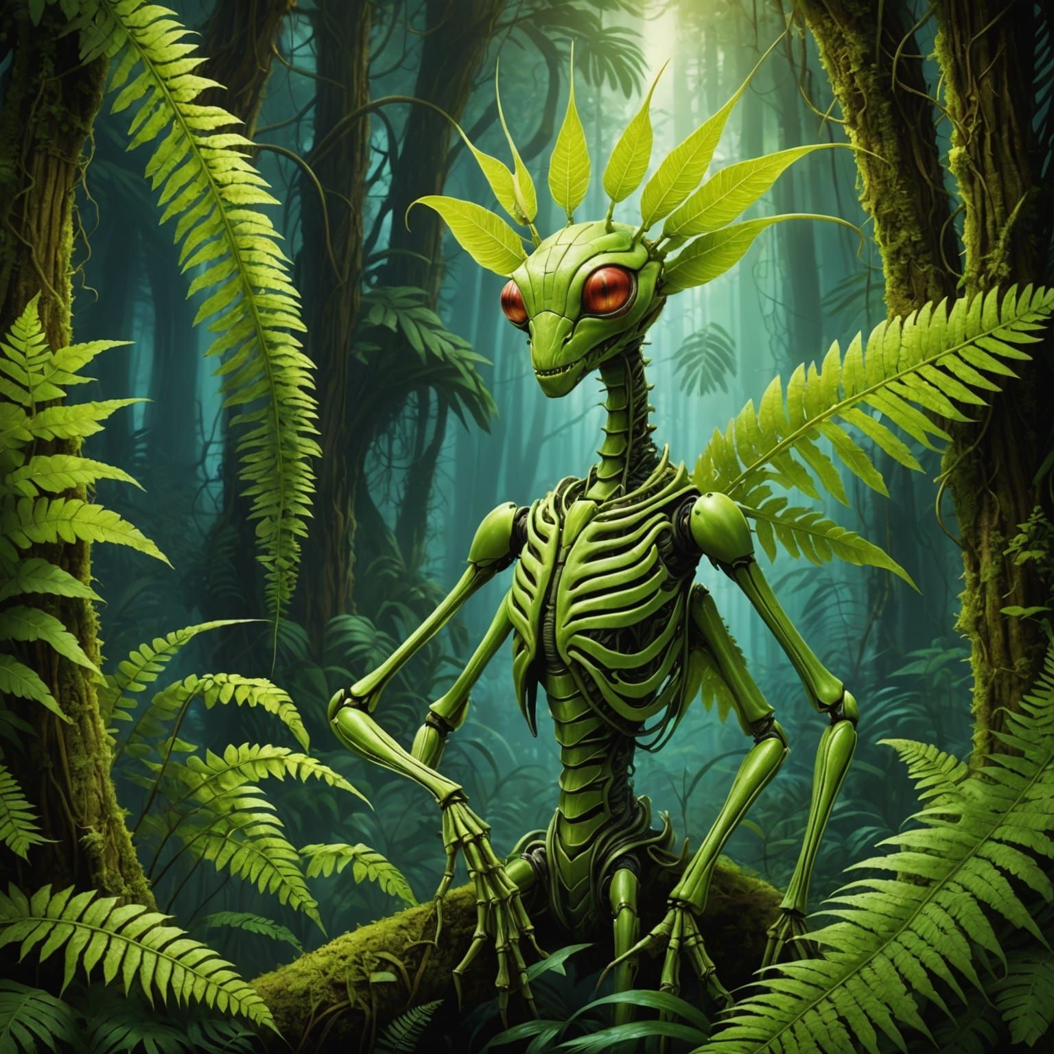 Mantis Merges With Fern in Biomechanical Forest