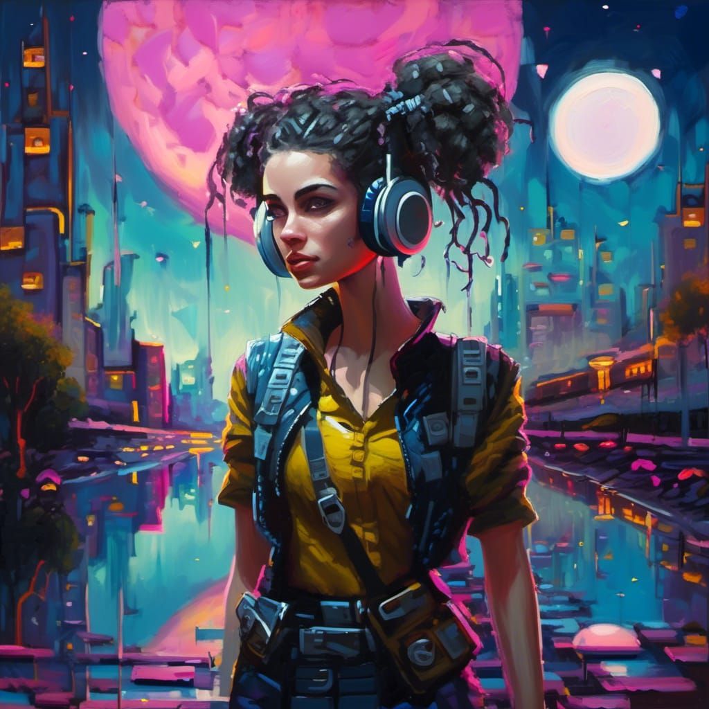 Cyberpunk Girl in Electric Dreams Impasto Painting