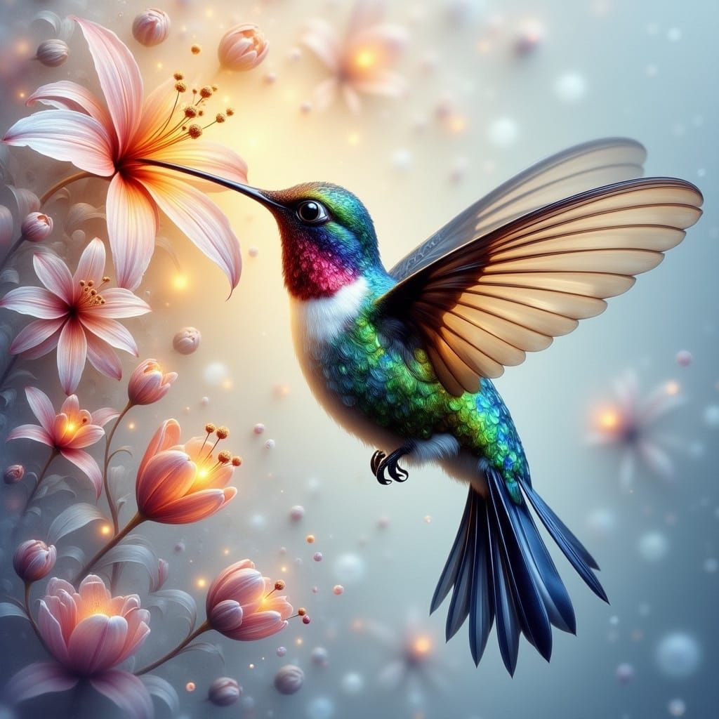Vibrant Hummingbird in Enchanted Floral Scene