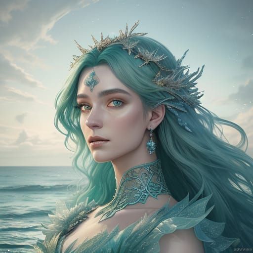 Ethereal Fantasy Queen in Shimmering Oceanic Majesty