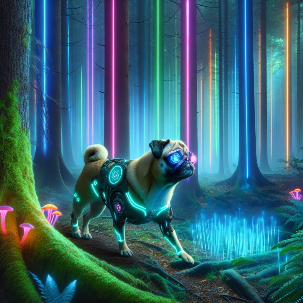 Biopunk Pug Dog in a Neon Lit Forest