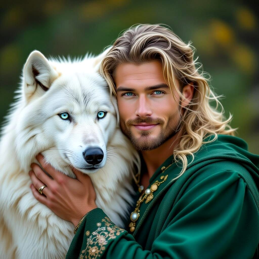 Gorgeous Godlike Man in Emerald Green with Majestic Wolf and...