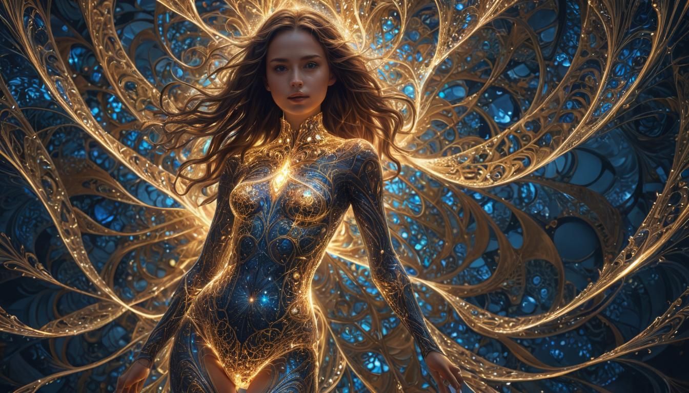 Optical Fiber Cyberpunk Girl in Golden Light