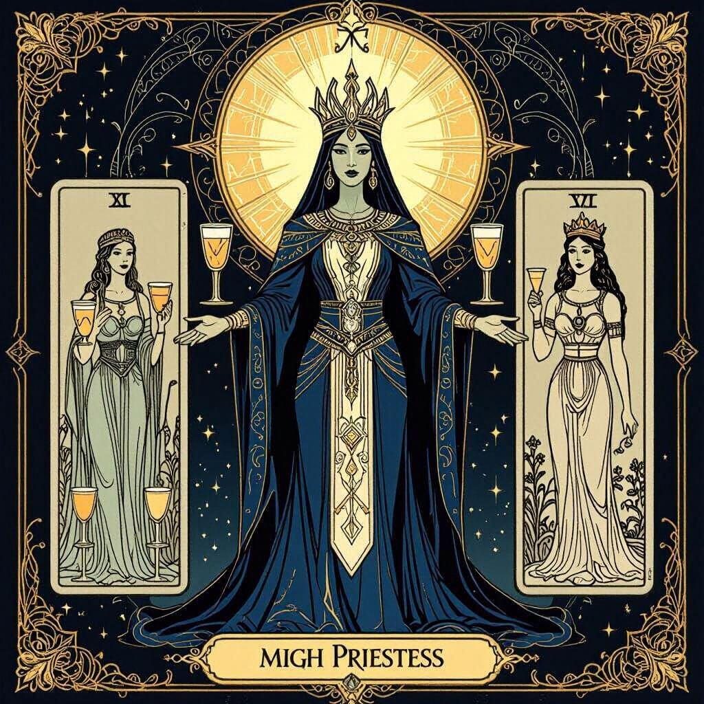 Tarot Cards: High Priestess, Empress, Three of Cups