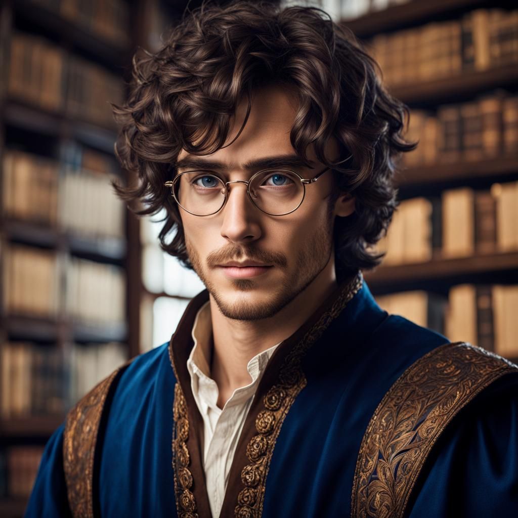 Handsome Nerdy Man in Renaissance Tunic in Library