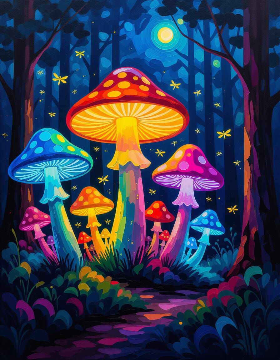 Glowing Mushrooms Host Forest Rave in Neo-Impressionist Styl...