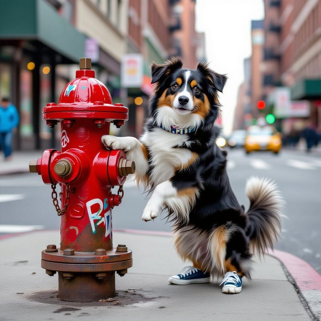 Dog Lifts Leg on Graffiti Hydrant, Curiously Watching Viewer