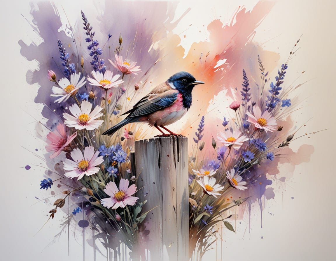 Rosy Starling on Fence Post Amidst Pastel Wildflowers