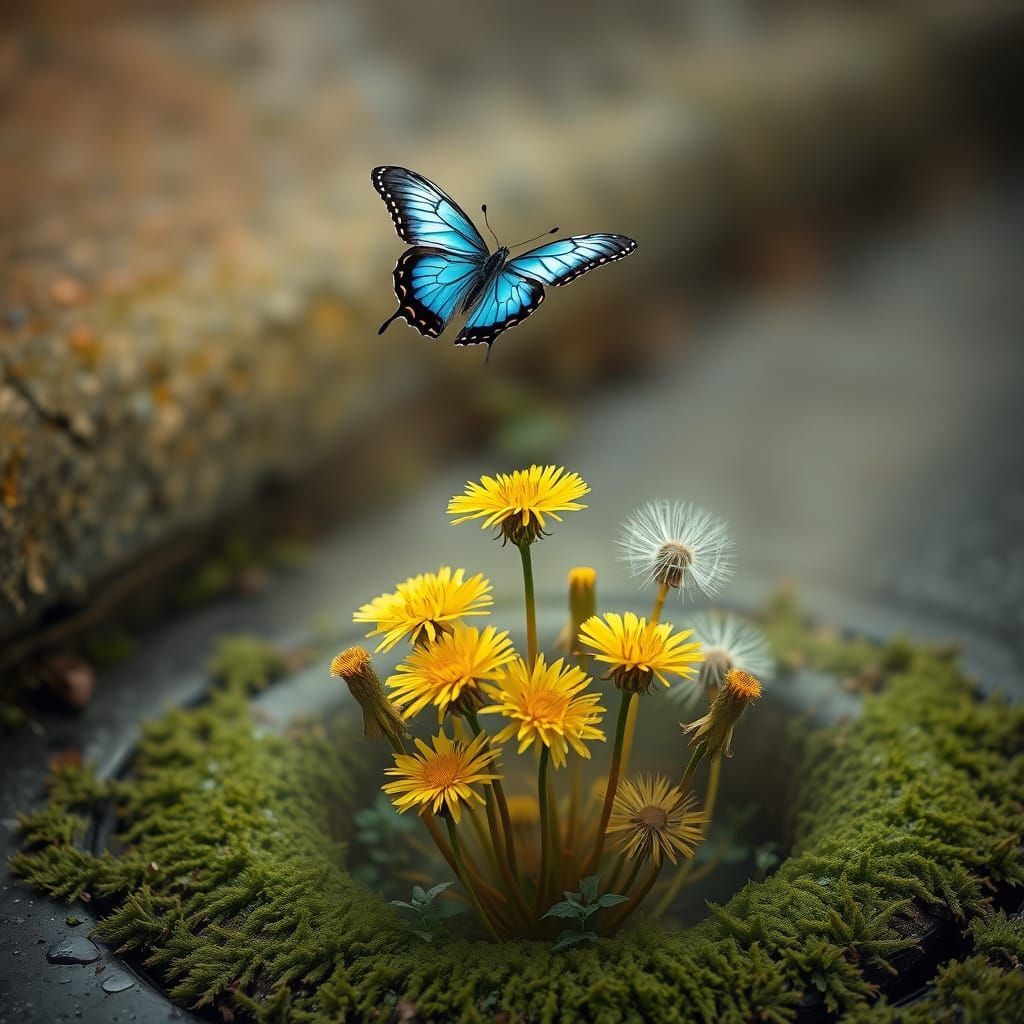 Blue Butterfly Hovers Over Dandelions in a Whimsical Storm D...