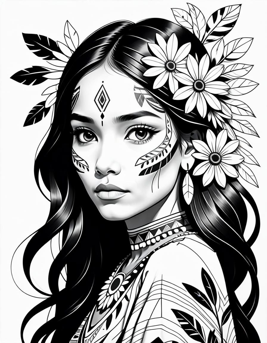 Native American Woman: Minimalist Floral Coloring Page