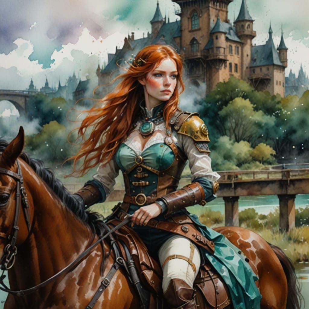 Steampunk Scout Rides Horse Through Teal River